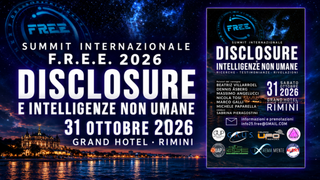 Locandina del Summit F.R.E.E. su Disclosure e intelligenze non umane, al Grand Hotel di Rimini il 31 ottobre 2026.