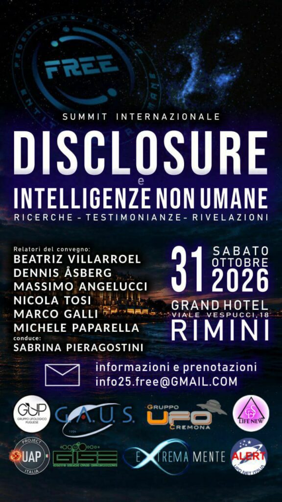 Locandina del Summit F.R.E.E. su Disclosure e intelligenze non umane, al Grand Hotel di Rimini il 31 ottobre 2026.
