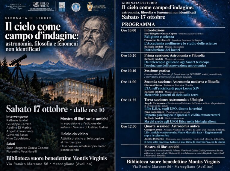 Immagine illustrativa , locandina e programma, del convegno di Mercogliano dedicato a UFO, filosofia e astronomia.
