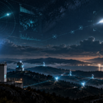 Rappresentazione illustrativa di una rete di sensori e radar per il rilevamento di fenomeni UFO e UAP, ispirata al sistema TsIG.