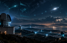 Rappresentazione illustrativa di una rete di sensori e radar per il rilevamento di fenomeni UFO e UAP, ispirata al sistema TsIG.