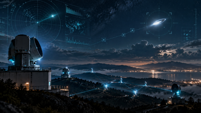 Rappresentazione illustrativa di una rete di sensori e radar per il rilevamento di fenomeni UFO e UAP, ispirata al sistema TsIG.