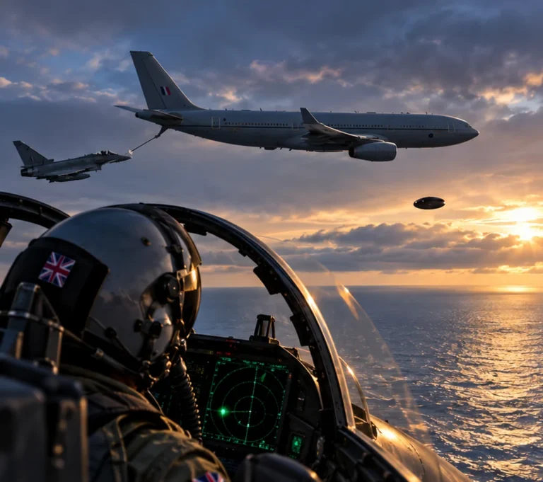 Ricostruzione illustrativa di un avvistamento UFO vicino a un Airbus Voyager e a un Eurofighter Typhoon britannici sul Mare del Nord.