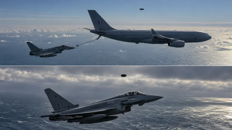 Ricostruzione illustrativa di un avvistamento UFO vicino a un Airbus Voyager e a un Eurofighter Typhoon britannici sul Mare del Nord.